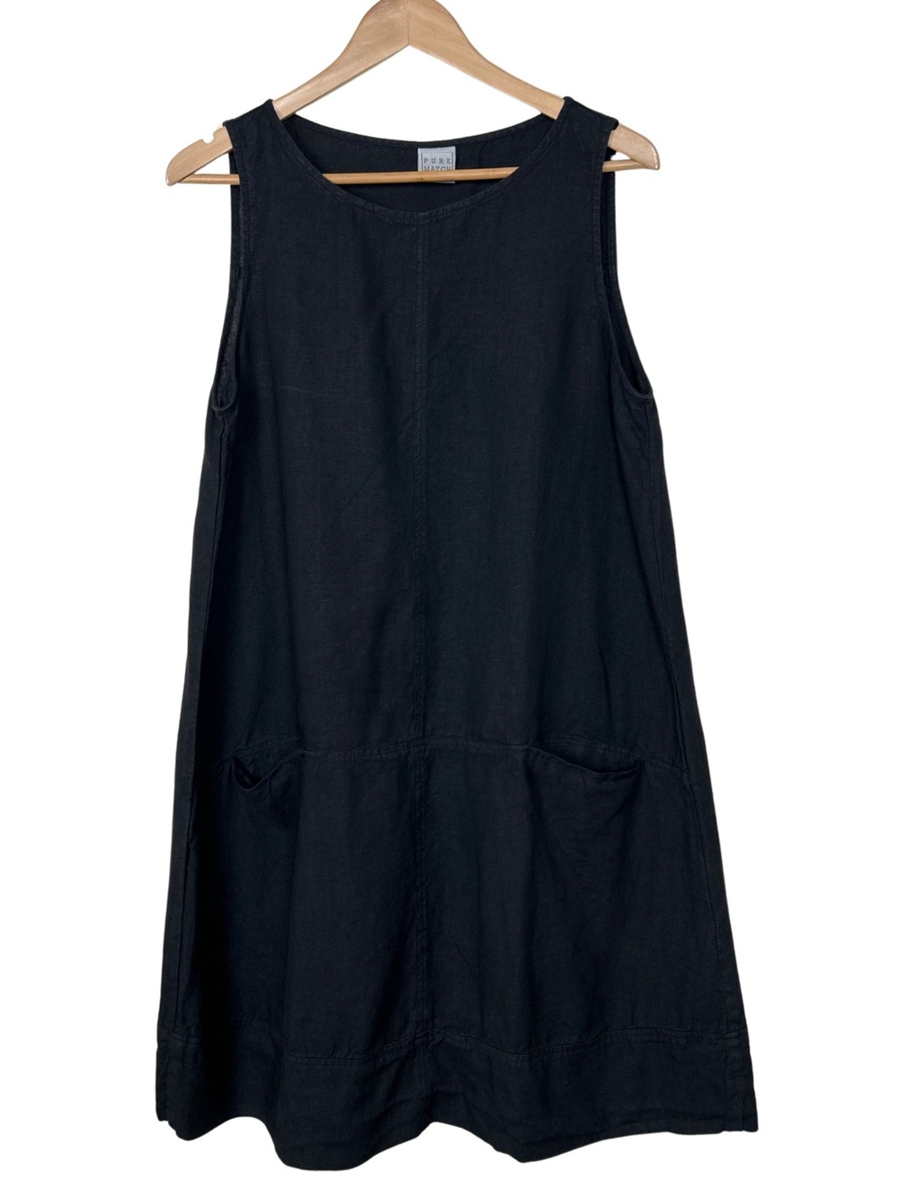 Pure Match 100% Linen Sleeveless Shift Dress with Pockets - L - Black